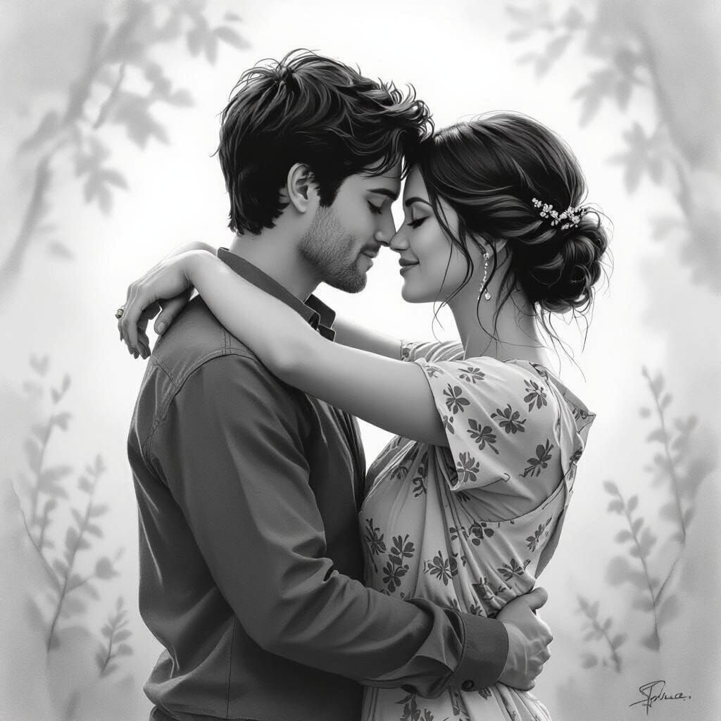 Romantic Couple Back Hug in Pencil Sketch Style