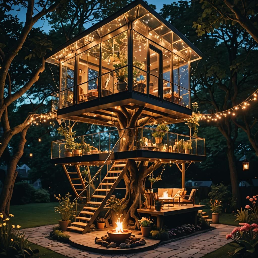 Enchanting Glass Treehouse at Night with Fairy Lights