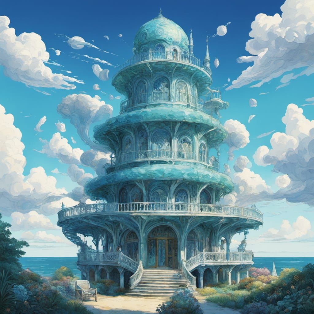 Iridescent Seashell Tower in a Whimsical Style