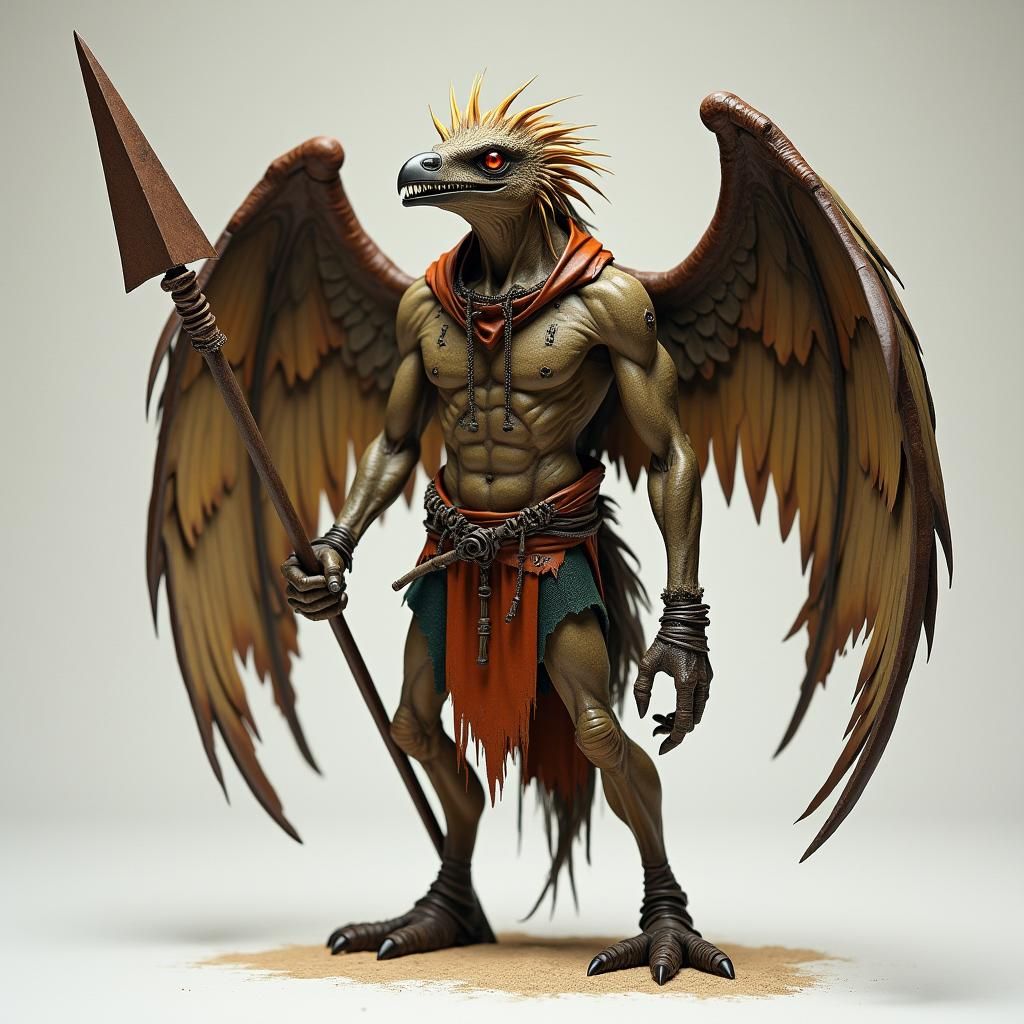 Strange Winged Humanoid Creature with Spear