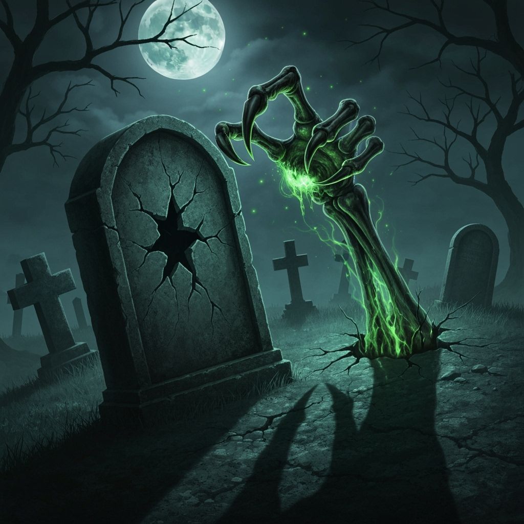 Undead Skeletal Claw Rises From Tombstone