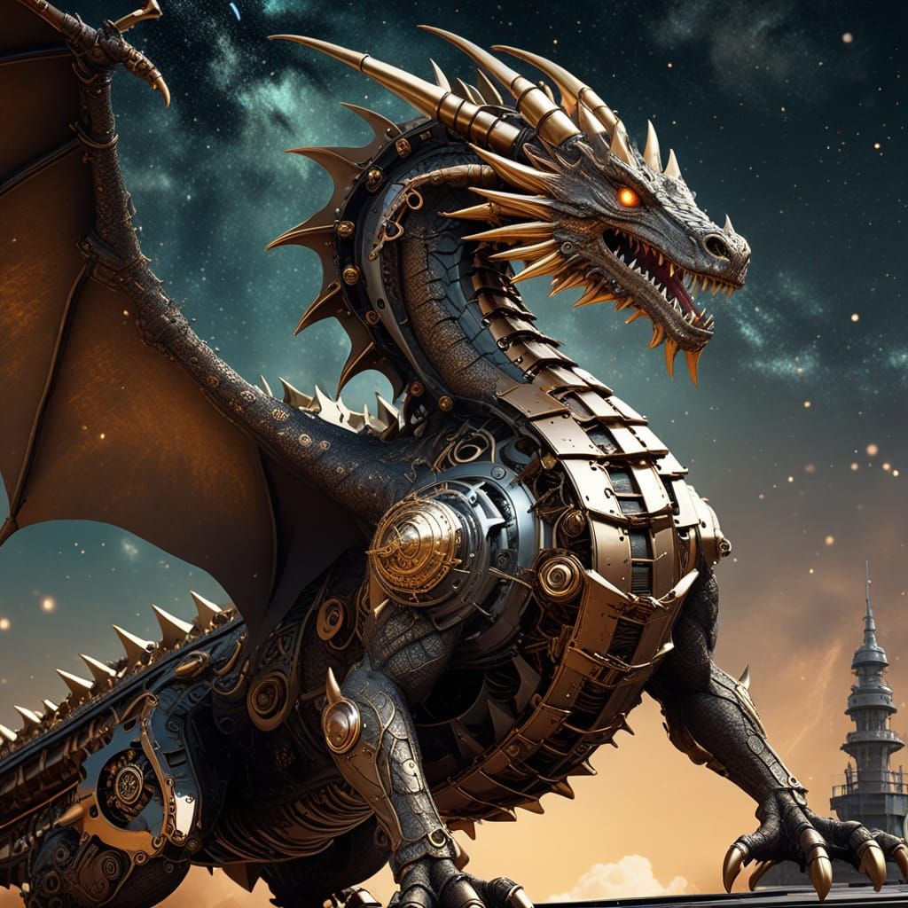 Clockwork Dragon Soaring Through Cosmic Nebula