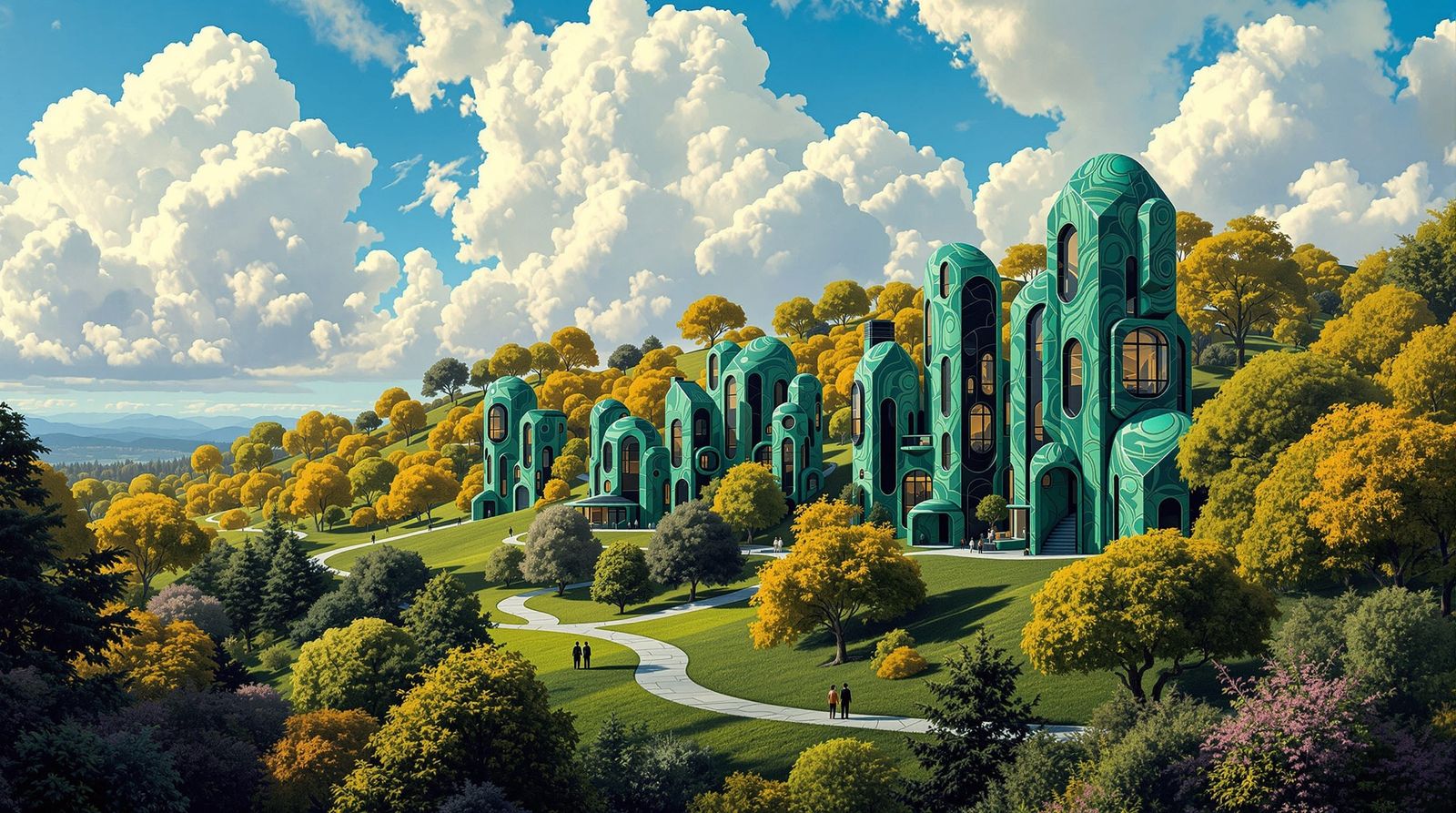Malachite Cityscape in Klimt Style, Hyper-Realistic Illustra...