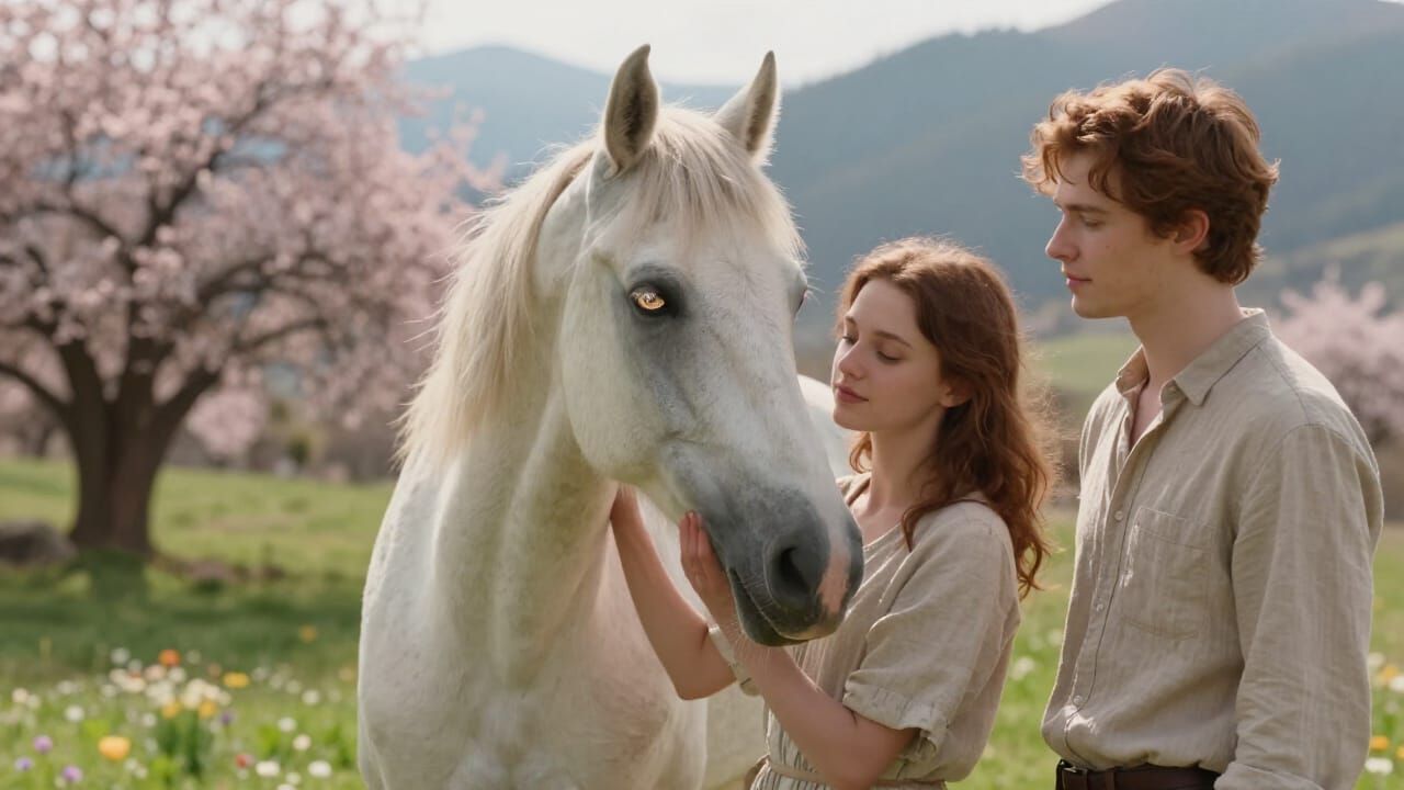 Woman and Horse in Spring Mountain Landscape