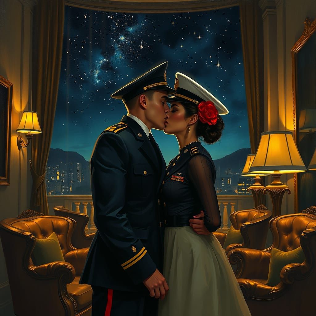 Marine Kiss in Opulent Hotel: Klimt-Inspired Art