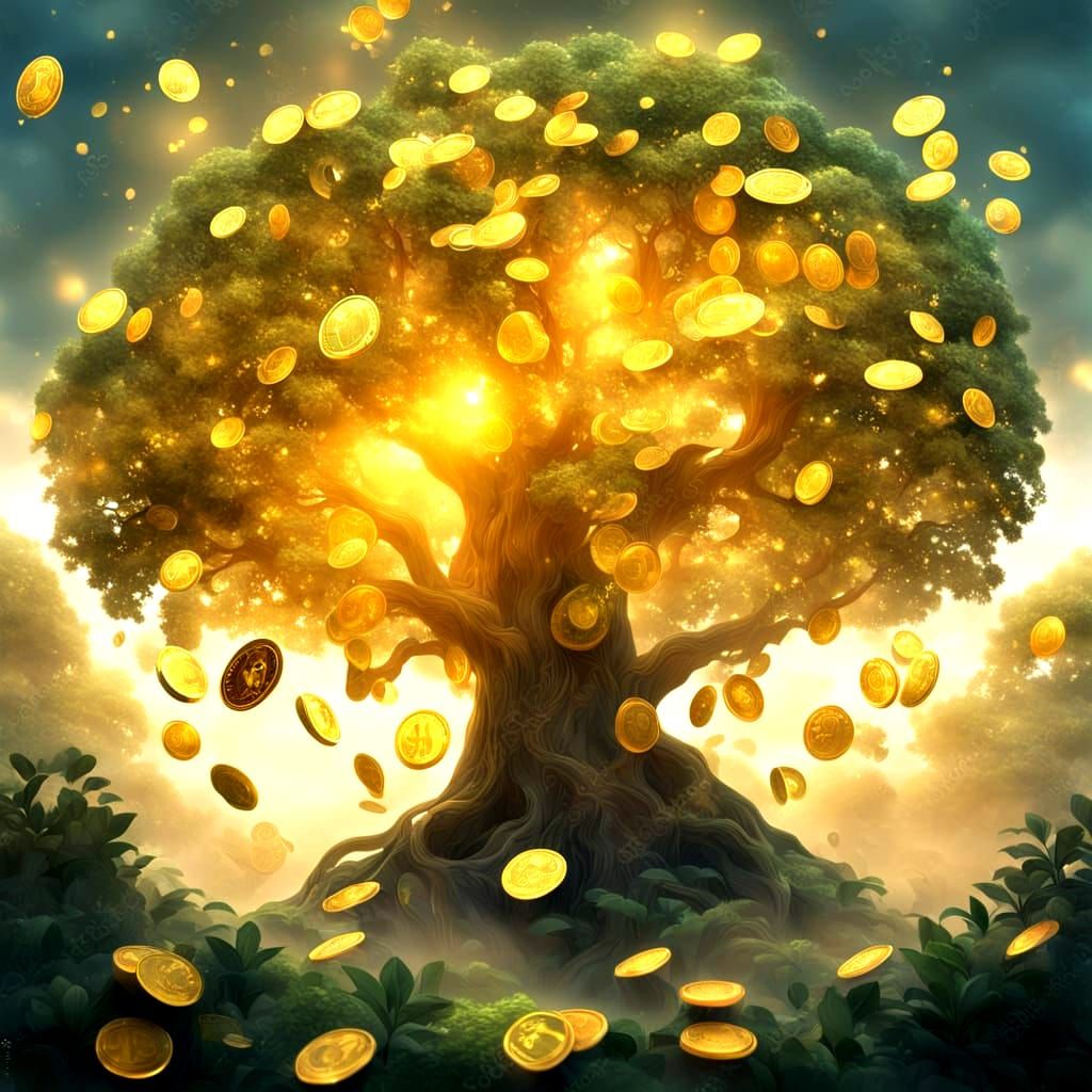 Ethereal Money Tree in Misty Fantasy Landscape