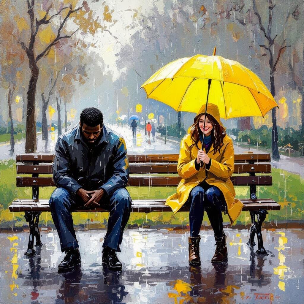 Sad Man on Bench in Rain, Contrasted by Happy Figure