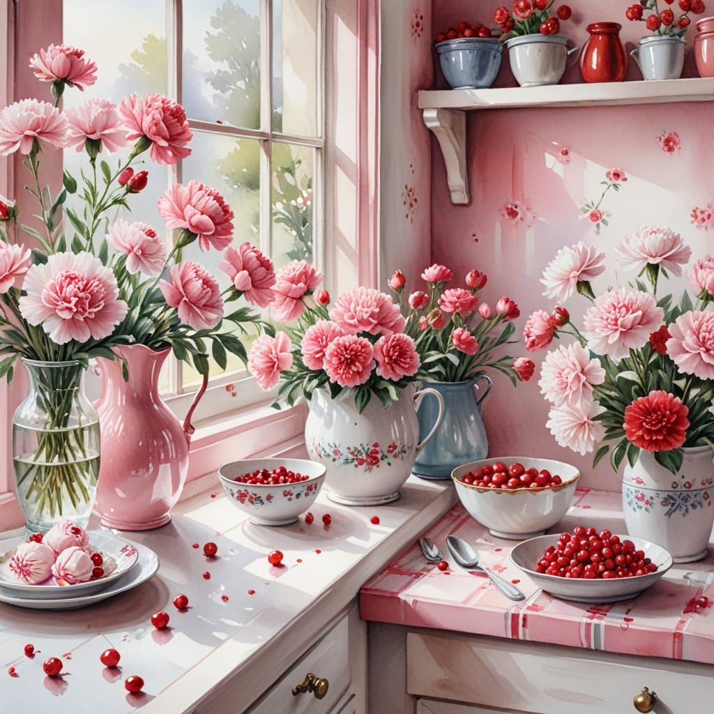Elegant Watercolour Kitchen with Roses and Berries