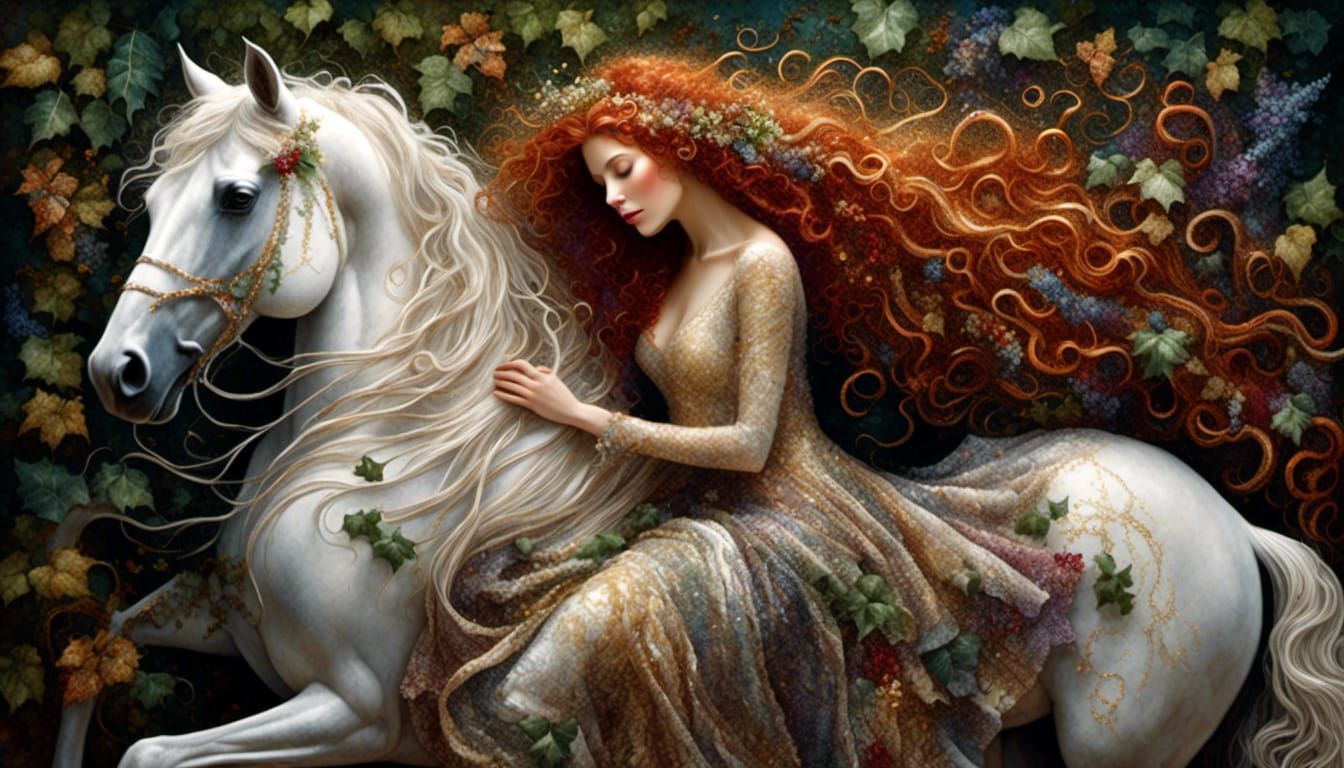 Ivy Woman and Horse in Bioluminescent Forest