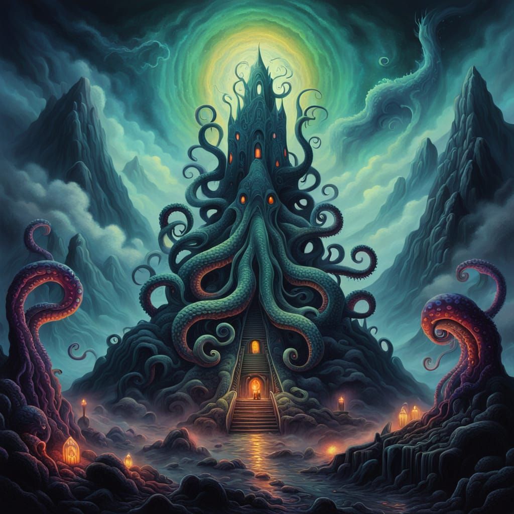 Ethereal Cosmic Gods in Vibrant Dreamlike Landscape