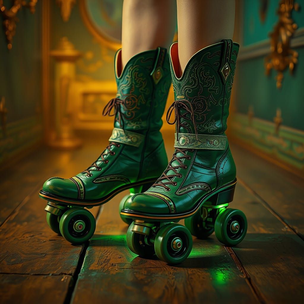 Woman's Feet in Whimsical Green Cowboy Boot Roller Skates