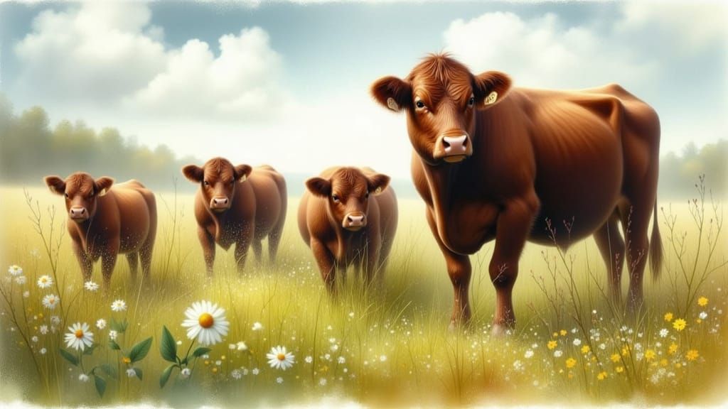 Aberdeen Angus Cows in a Serene Watercolor Landscape