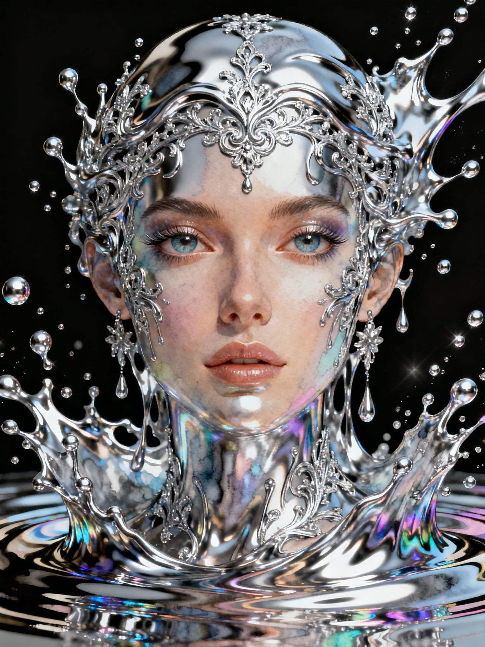 Liquid Mercury Woman with Silver Filigree in Watercolor Styl...