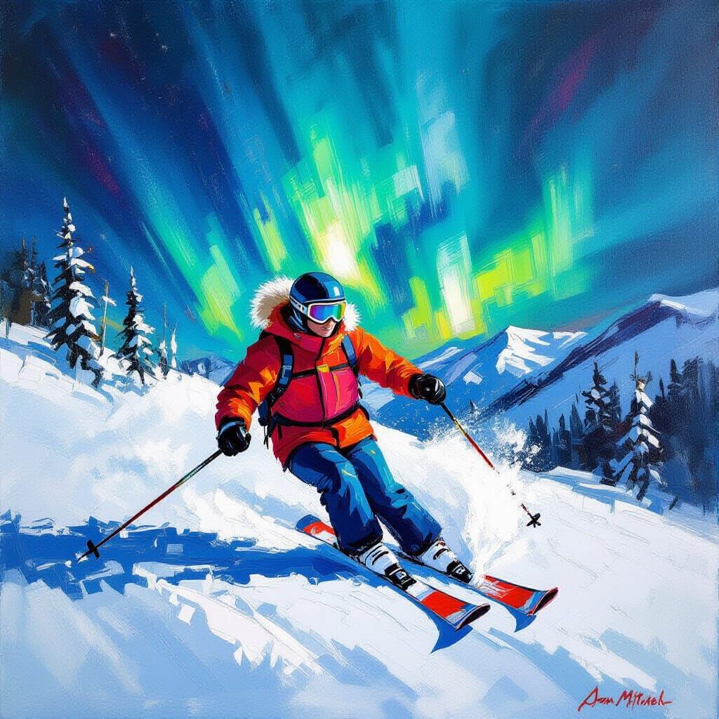 Abstract Expressionist Skier Under Aurora Borealis
