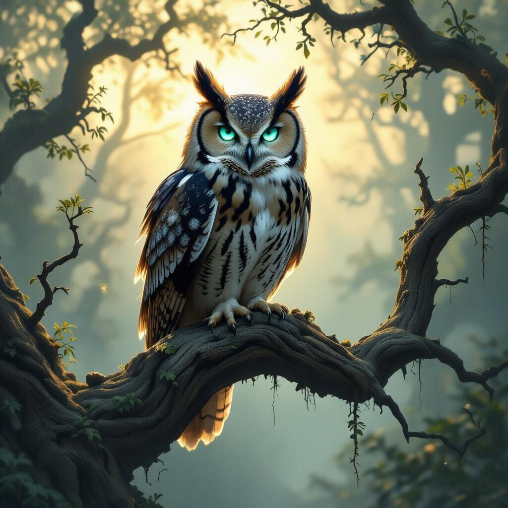 Majestic Owl on Ancient Branch in Misty Forest