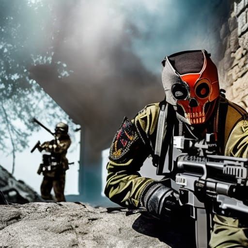 Soldier with Skeleton Mask in Digital Art Style