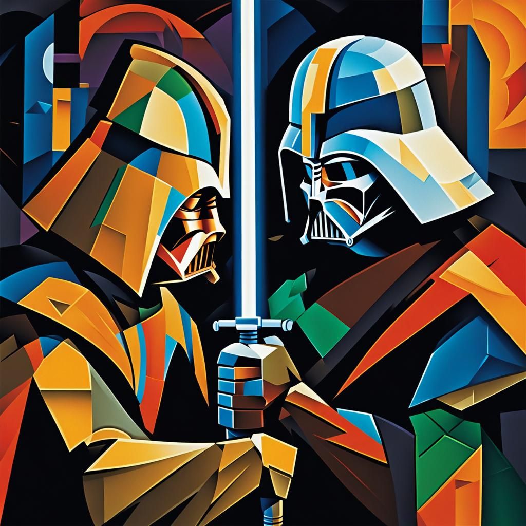 two star wars jedi face each other in a dimly lit room of an...