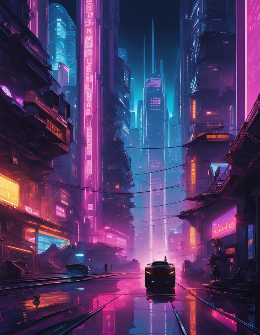 Cyberpunk Cityscape at Night with Neon Lights