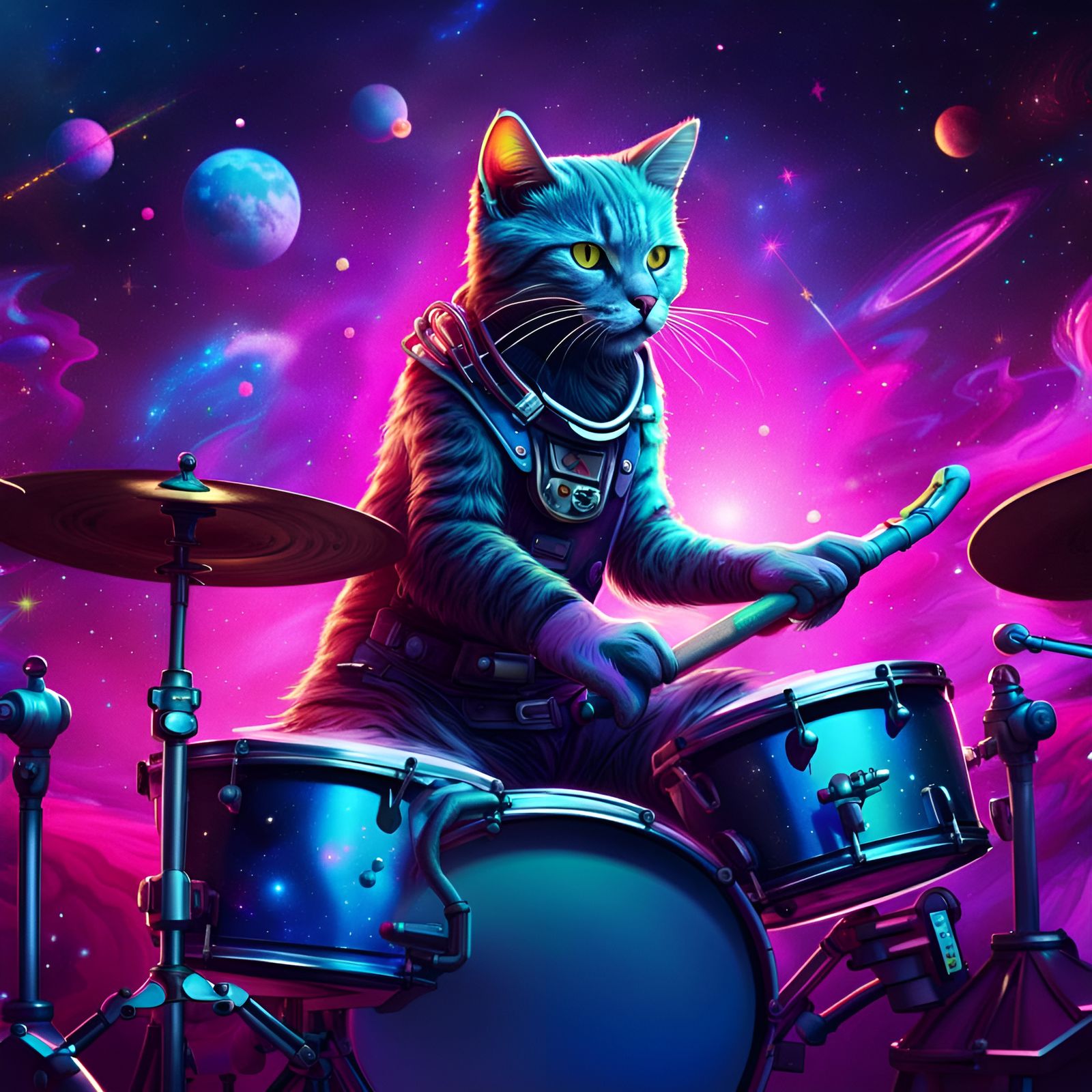 Punk Cat Drummer in Space, Detailed Matte Painting