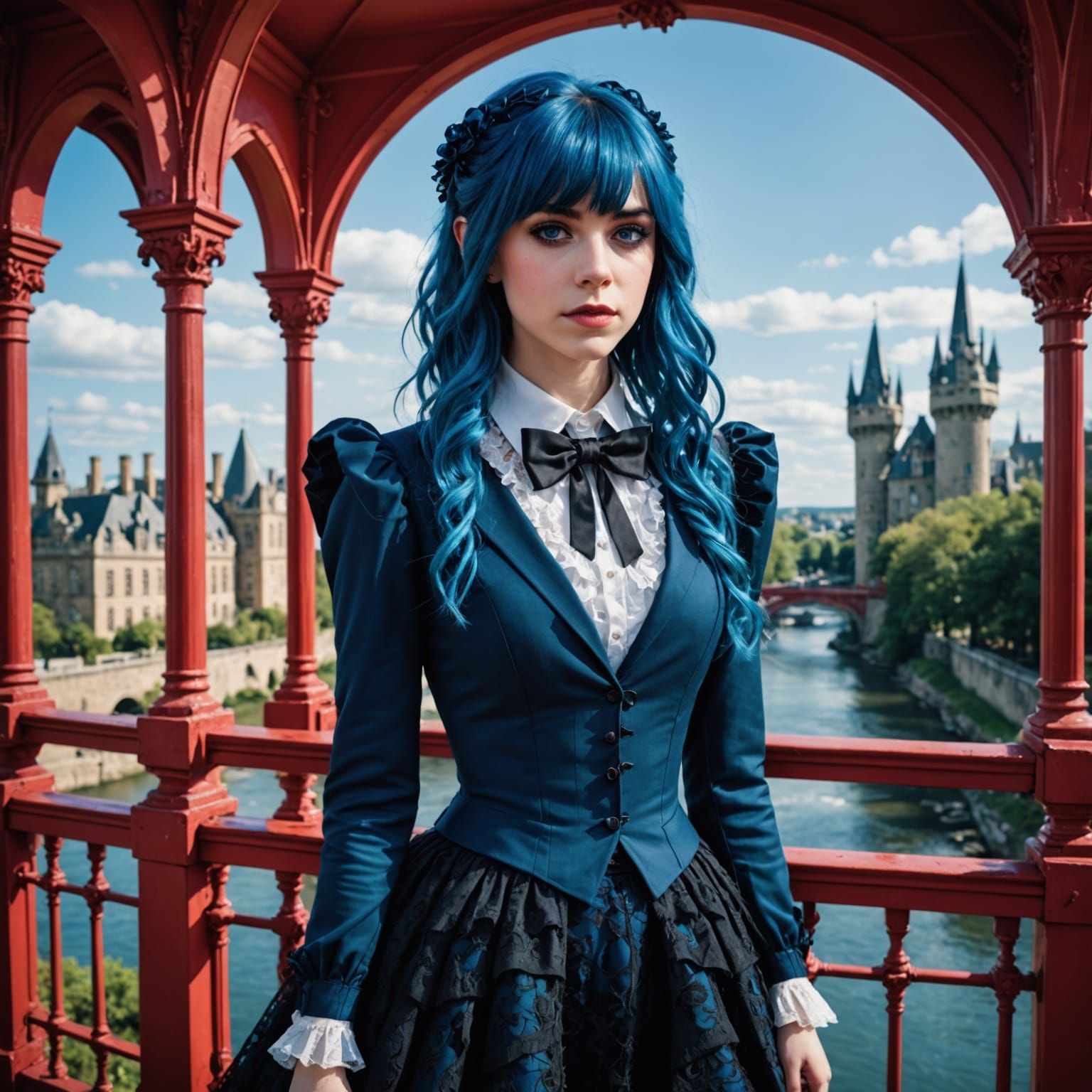 Ethereal Blue-Haired Enchantress on Glass Bridge