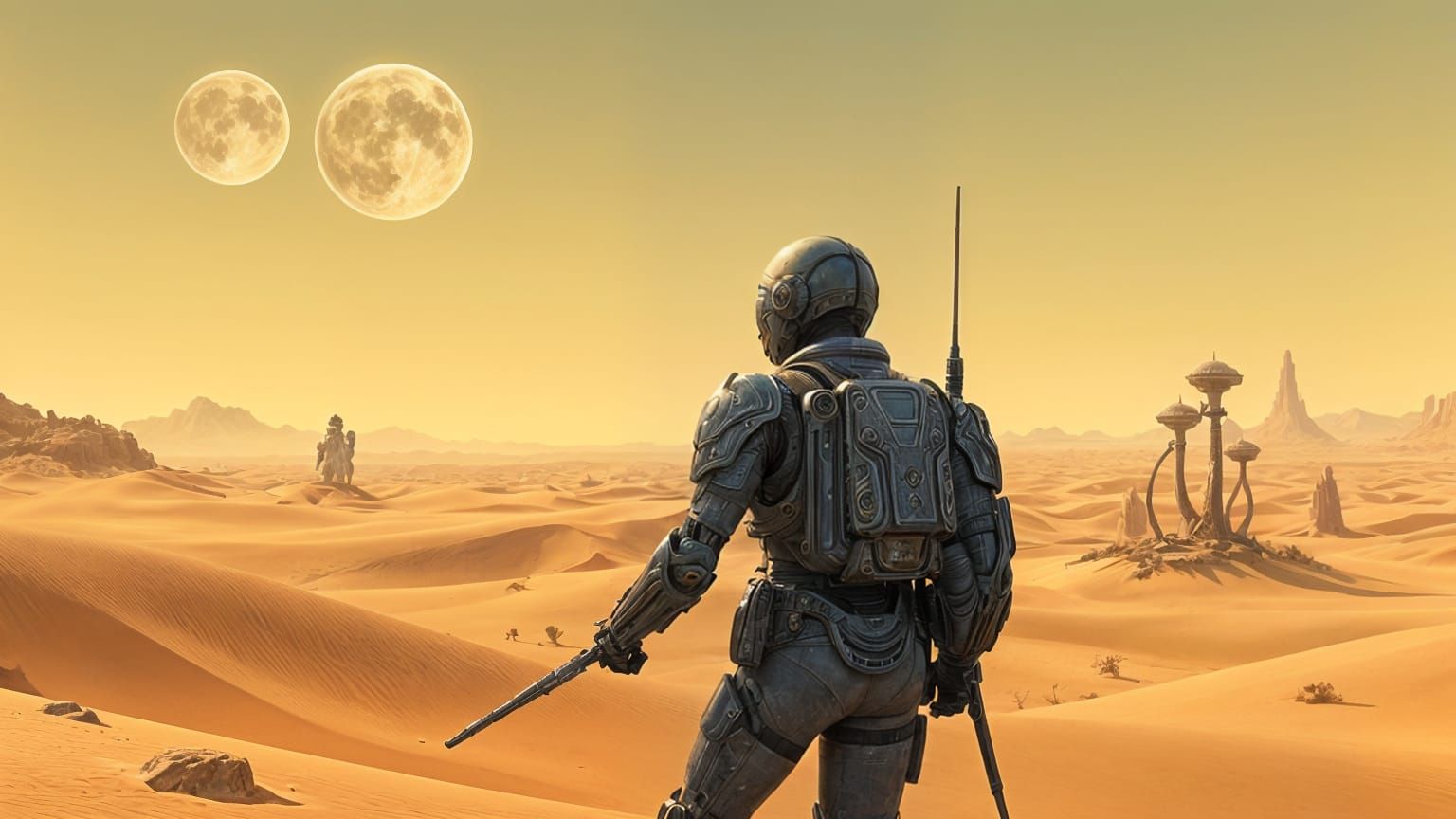 Art Nouveau Cyborg Explorer in Alien Desert Landscape