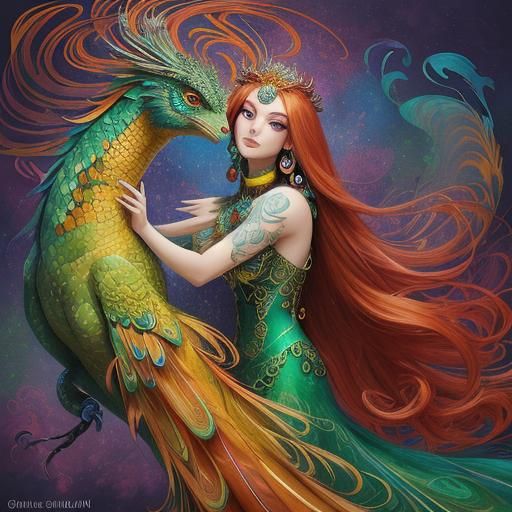 Dragon Woman with Peacock Feathers, in Digital Art Style