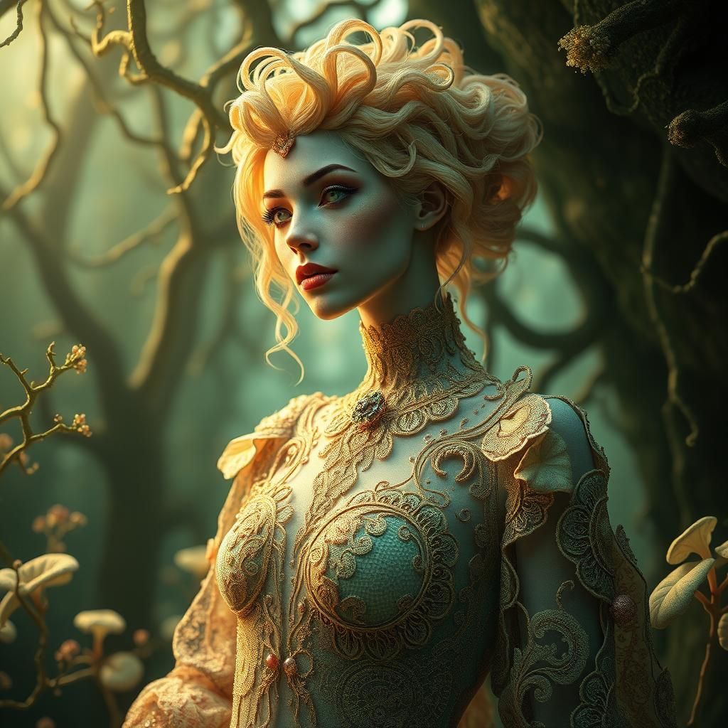 Mycelium Goddess in Mystical Forest, Art Nouveau Style