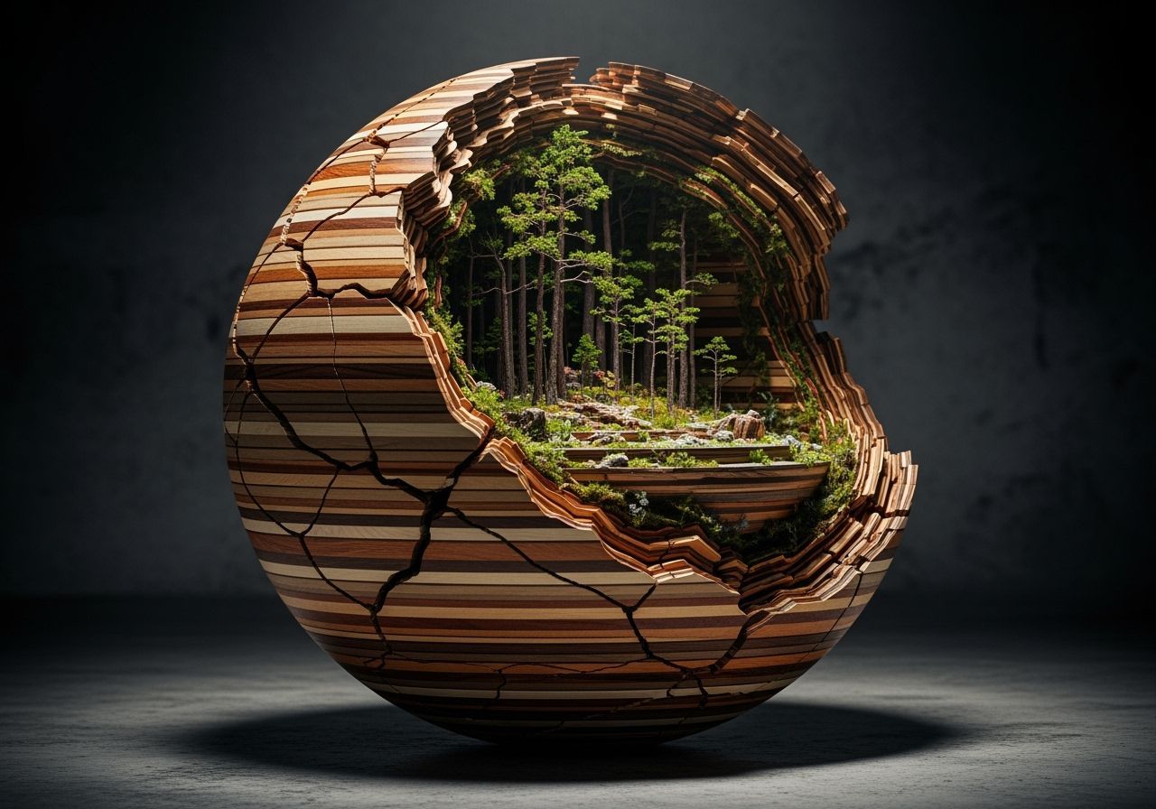 Dramatic Wooden Sphere with Micro-Forest Interior