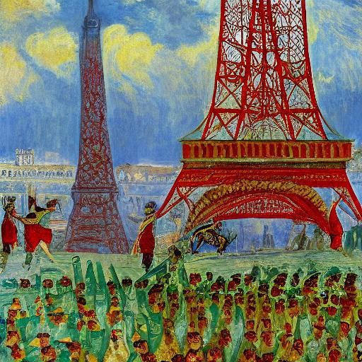 Surreal Scene: Pickles, Kvass, Soldiers on Eiffel Tower