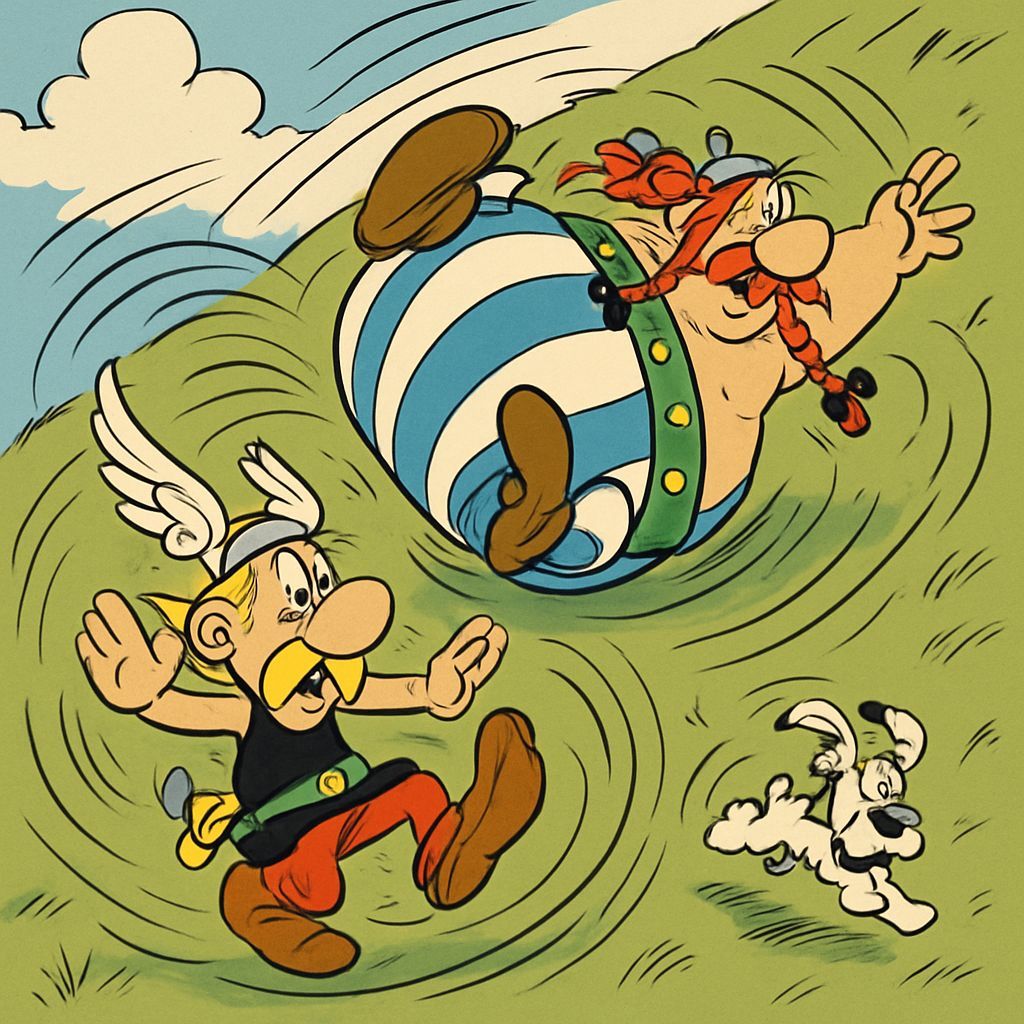 Asterix and Obelix Rolling Downhill in Flat Illustration