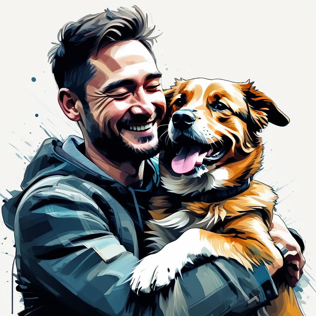 Man and Dog Portrait in Glitch Art Style