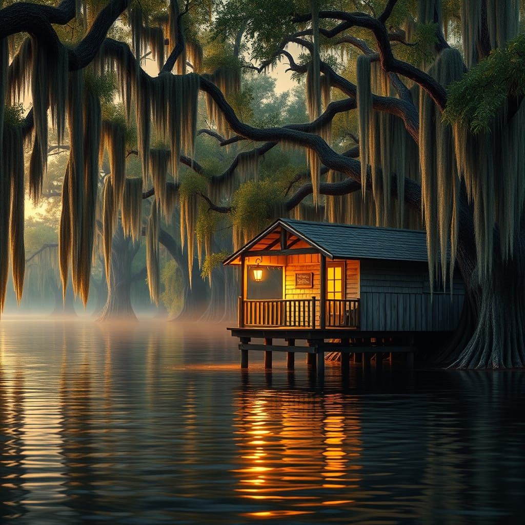 Surreal Bayou Cathedral at Sunset in Hyper-Realistic Style