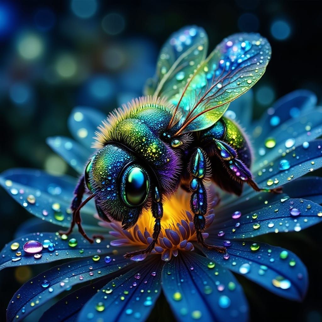 Cartoon Bee Sleeping Under Starry Sky in Alcohol Inks