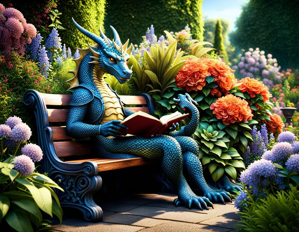 Anthro Dragon Reads in English Garden, Detailed Fantasy Art