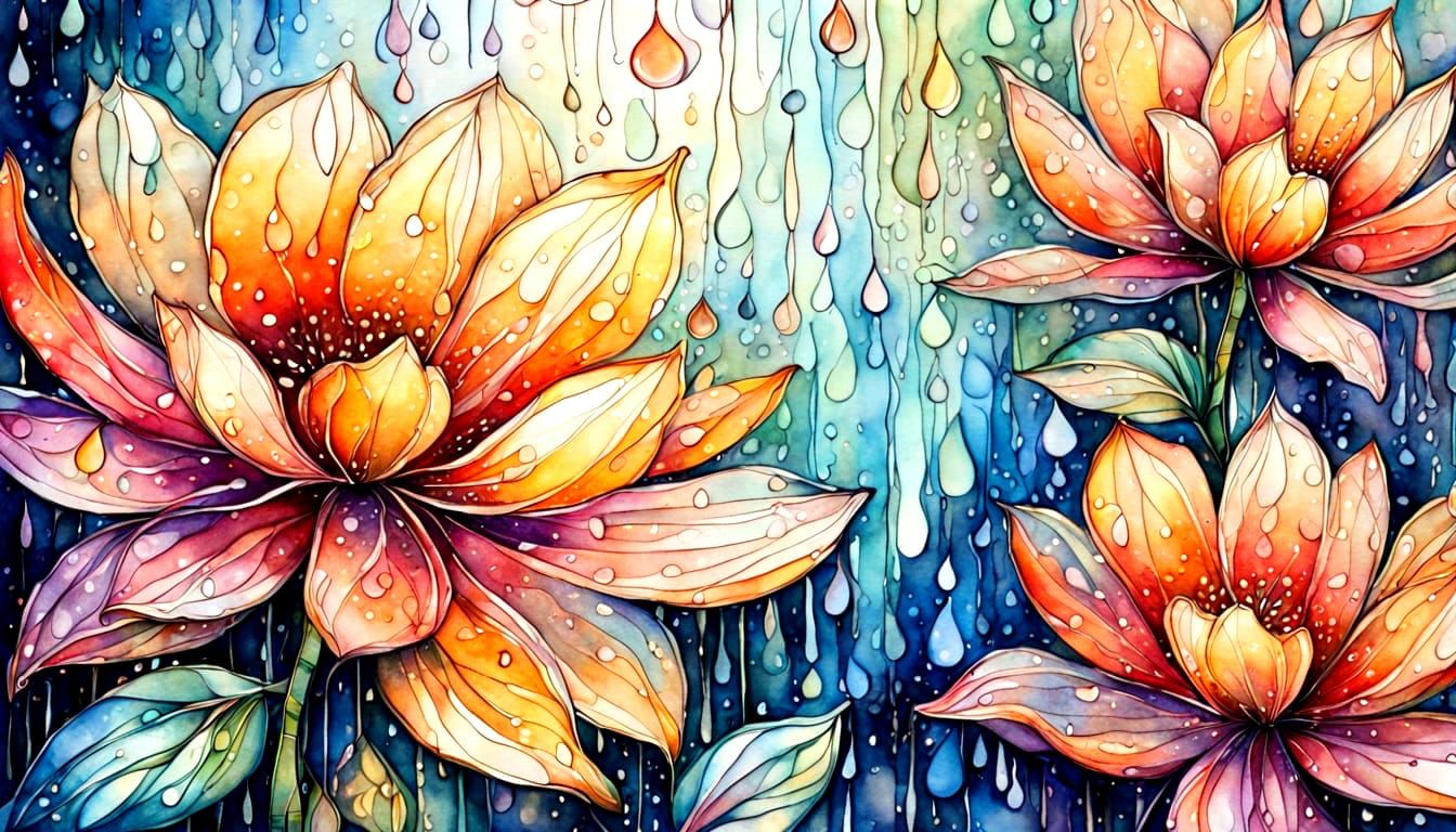 Stained-glass watercolor ink flowers in rain