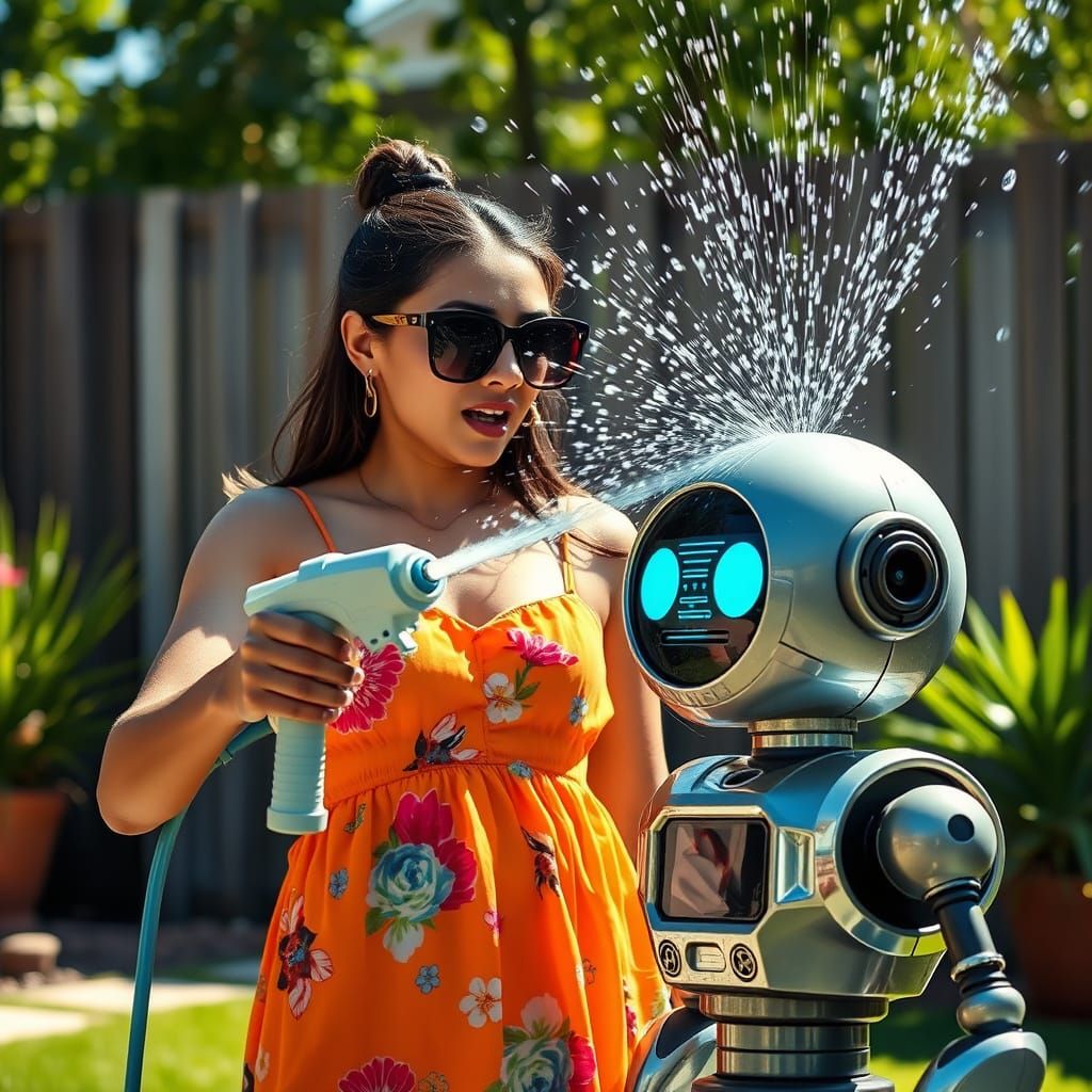 Latina Woman Sprays Water on Startled Robot