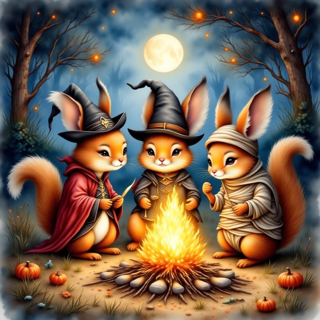Woodland Creatures in Halloween Costumes Around Campfire