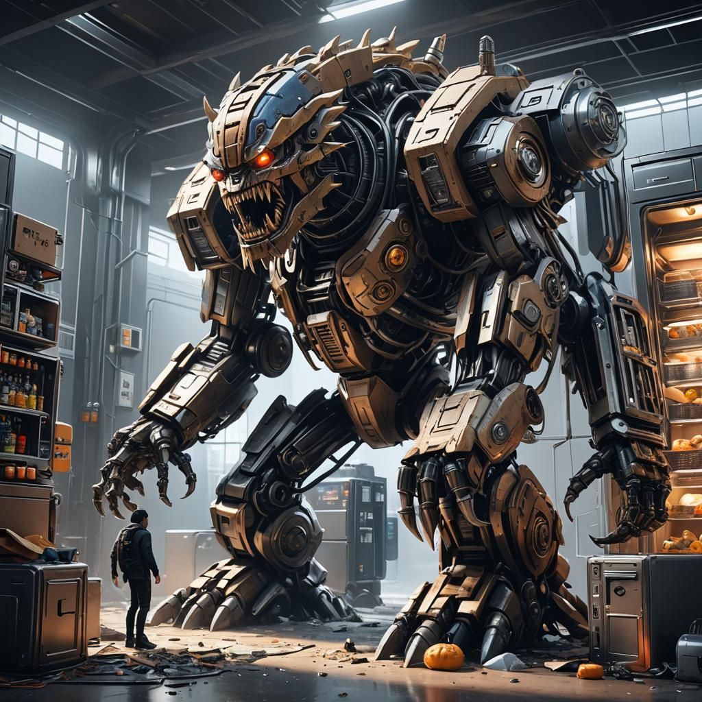 Giant Cardboard Monster Devouring Refrigerators in Sci-Fi Ci...