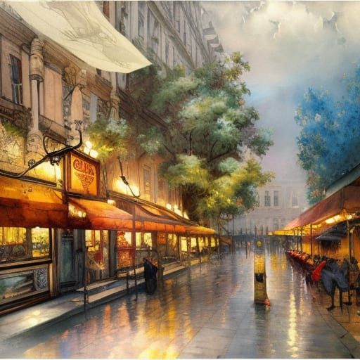 Vintage Cafe in Gouache Style Digital Painting