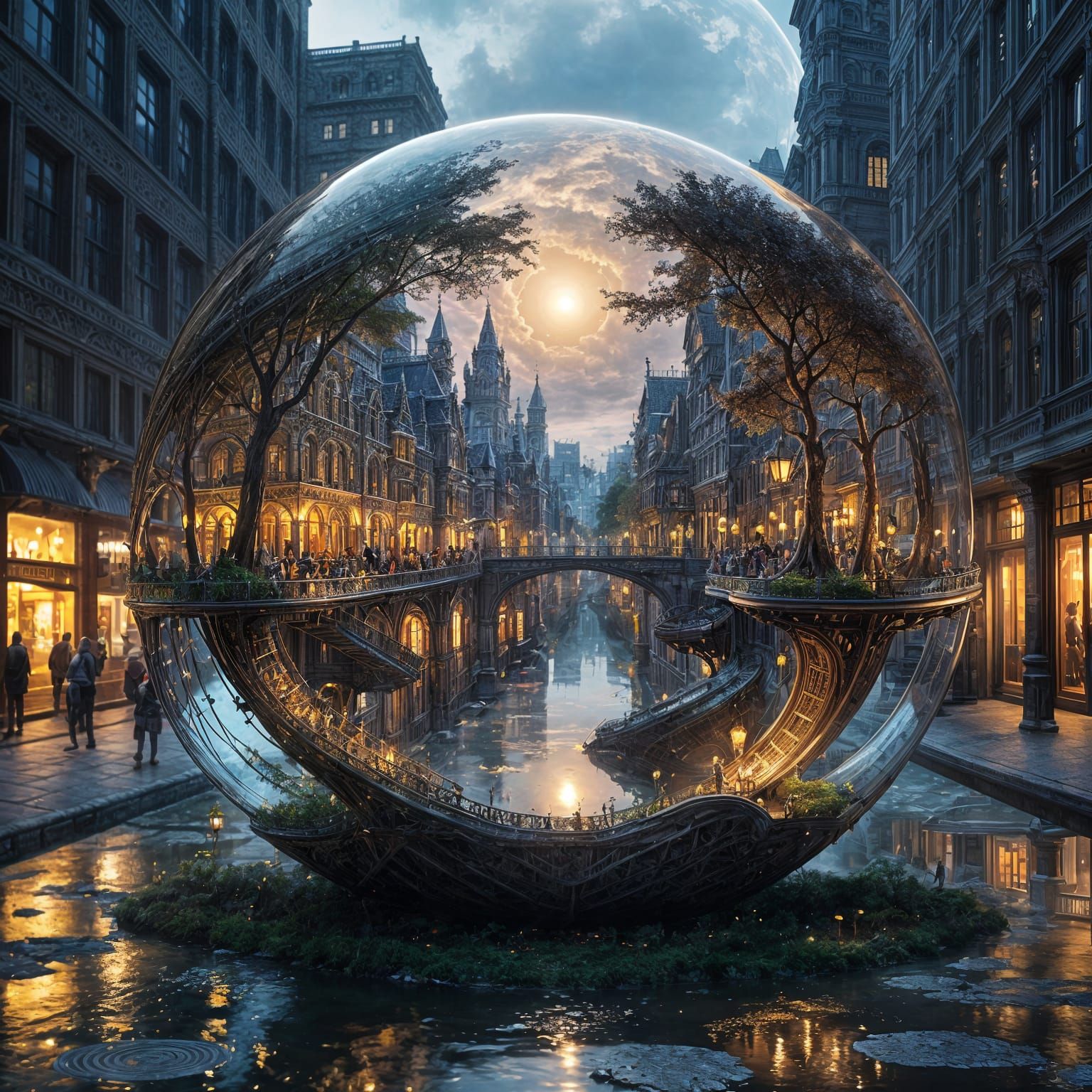 Fantastical City Sphere Floating Over Ancient Landscape