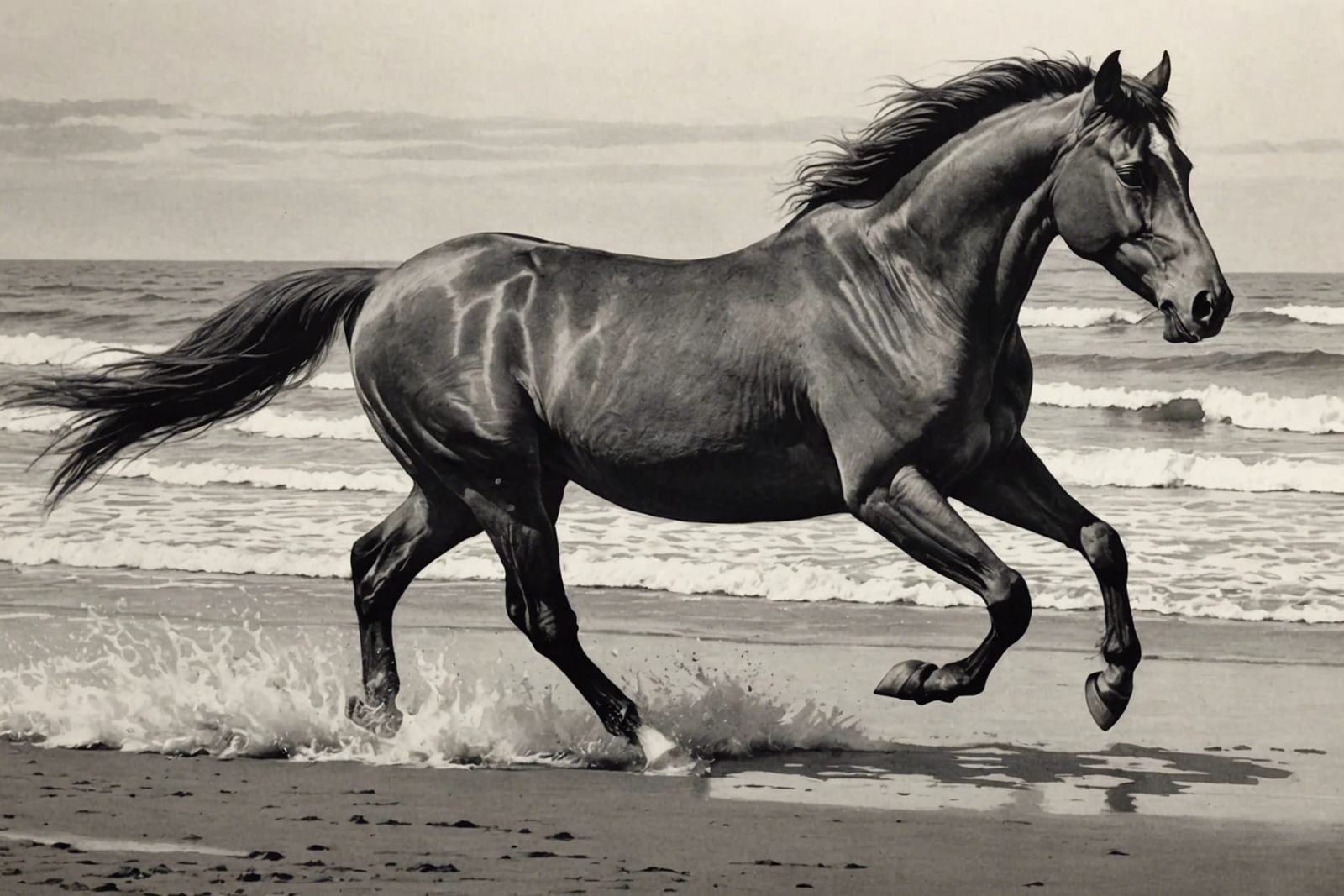Horse Running on Beach: Charcoal Drawing