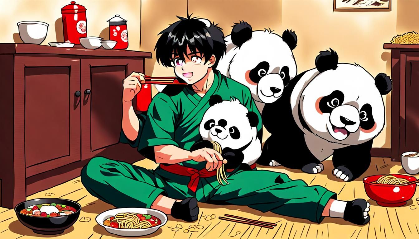 Ranma Saotome with pandas eating some ramen on the floor