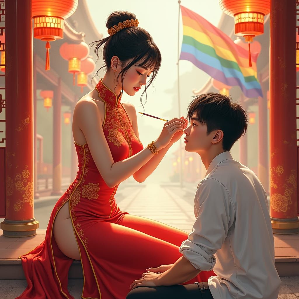 Vibrant Red Qipao Beauty in Chinese Temple