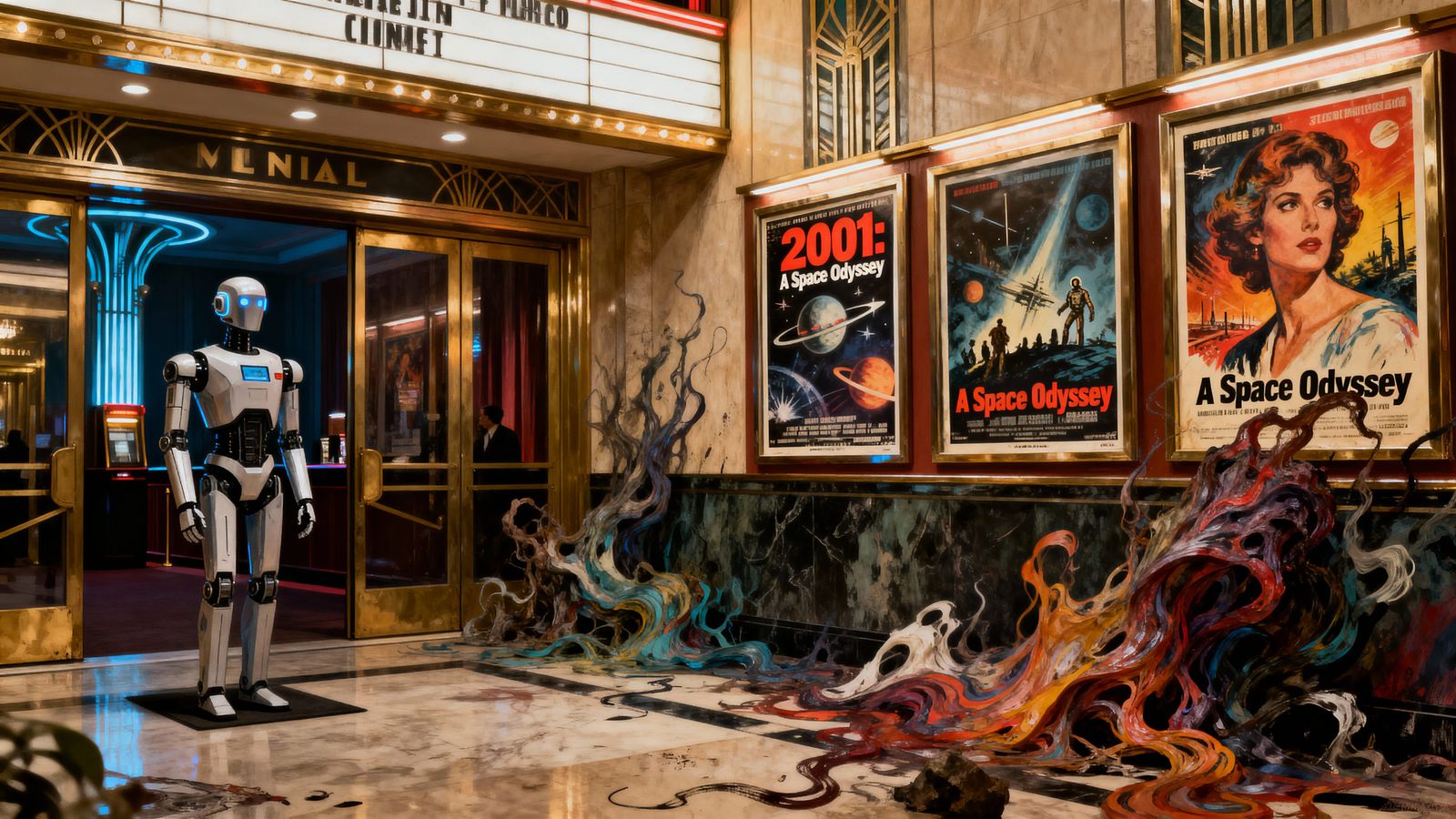 Futuristic Robot Usher in Art Deco Cinema