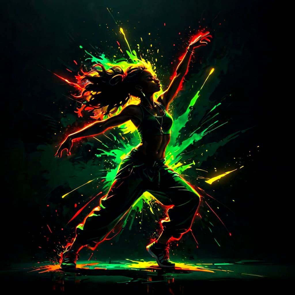 Vibrant Street Art Silhouette of a Caribbean Dancer in Motio...