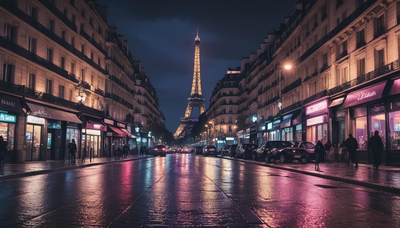 Paris Skyline at Night in Film Noir Style