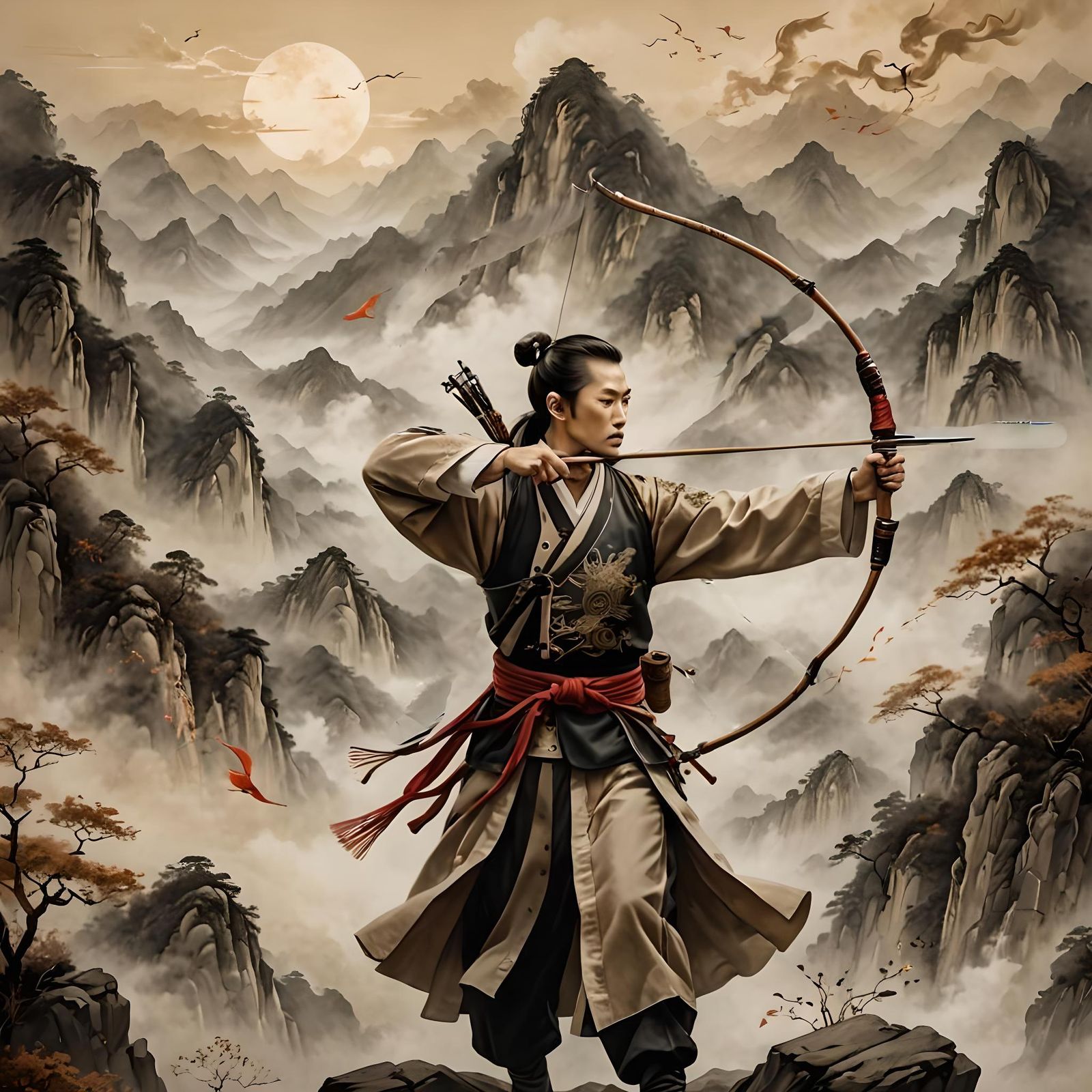 Chinese Archer Aims at Nine Suns in Sepia