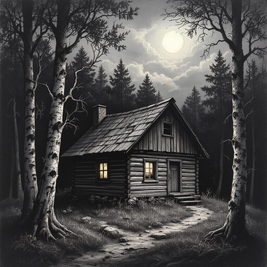 Rustic Cabin at Twilight: Charcoal Drawing Style