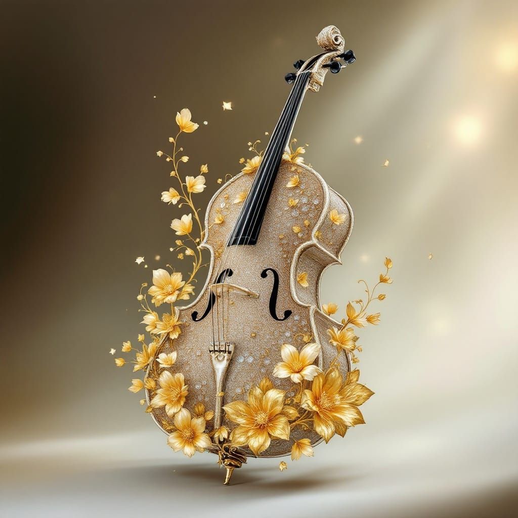 Diamond Cello in Art Nouveau Style with Golden Flowers
