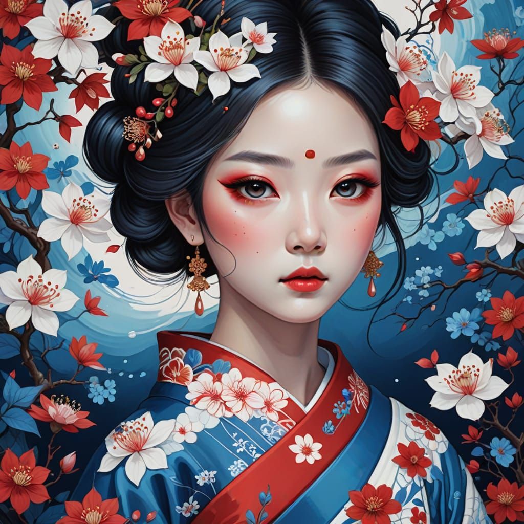 Japanese Woman with Floral Design, Digital Painting